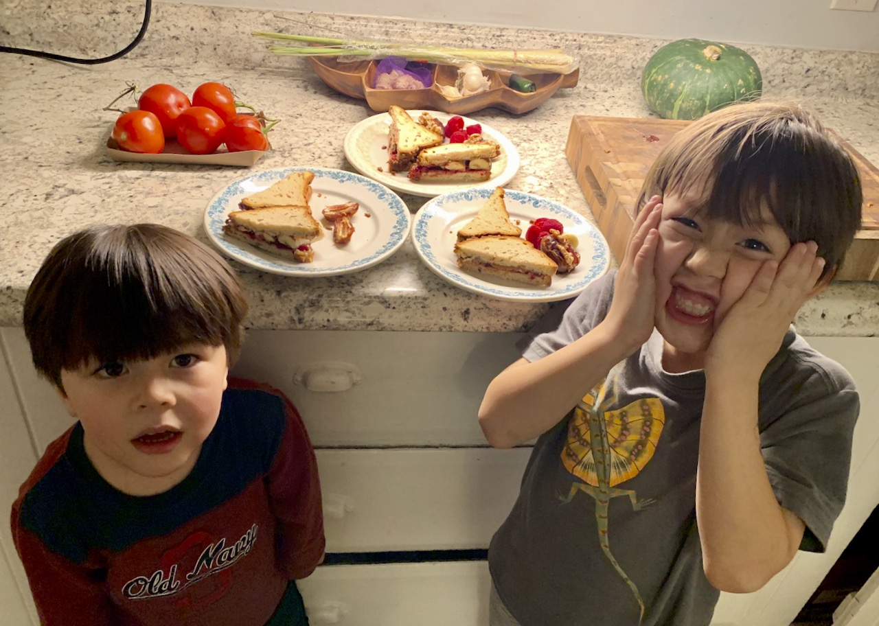 Kids reacting to almond butter and sour cherry sandwiches, for dinner