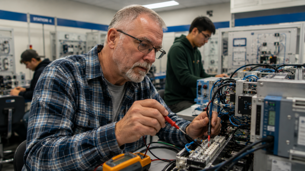 Man troubleshooting electronics in lab