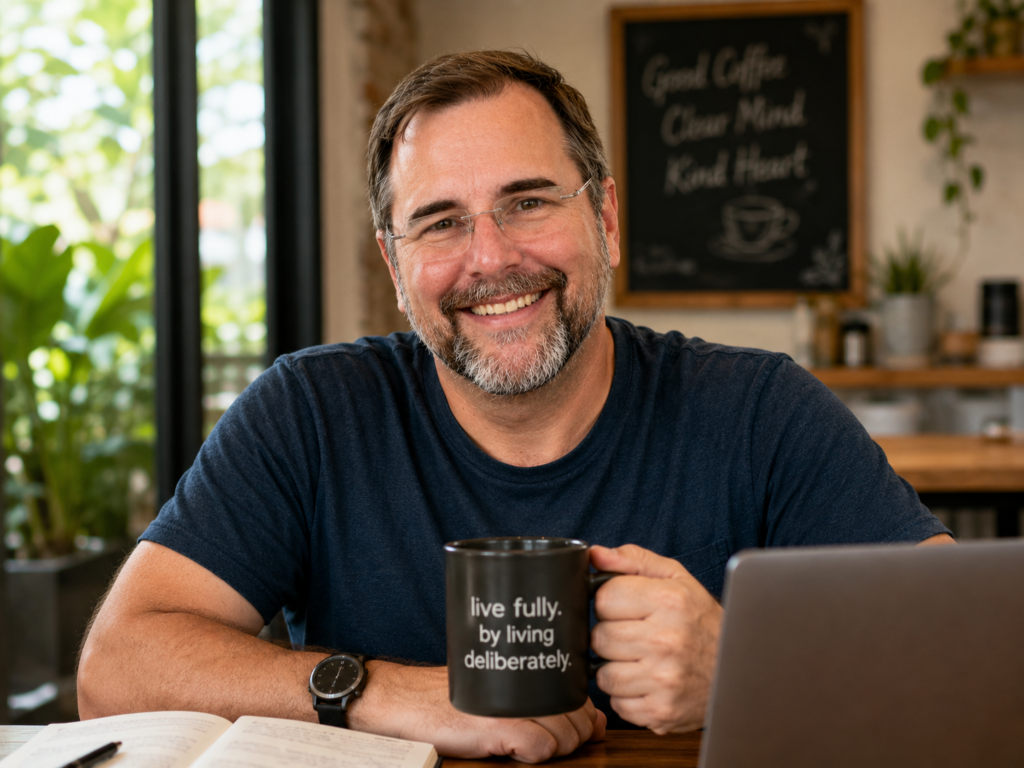 Portrait of Michael Cannon smiling at a desk, holding a mug that says “live fully. by living deliberately.”