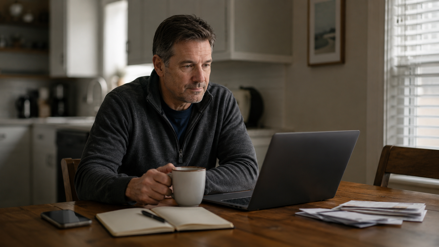 Man working on laptop with coffee