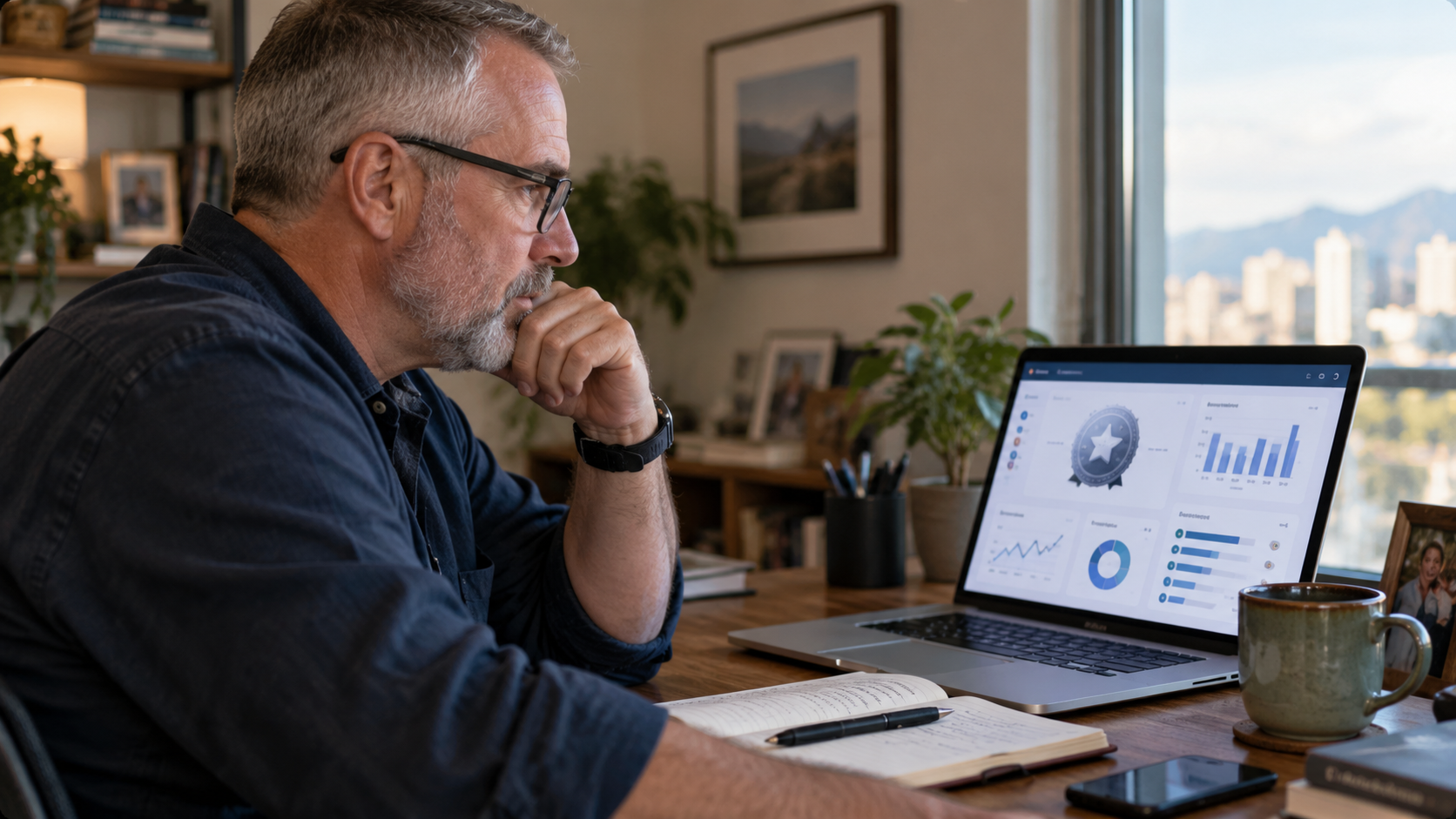 Man reviewing data on laptop.